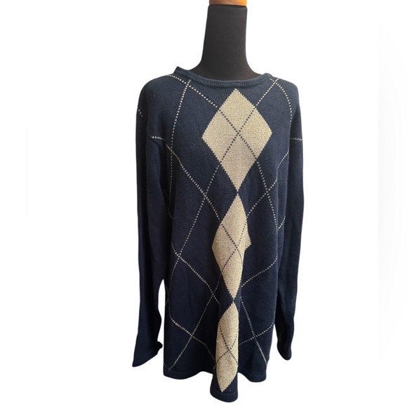 Y2K VINTAGE CEZANNE 1990’s argyle blue gold women's XL Cable Knit Sweater Jumper - Picture 9 of 13